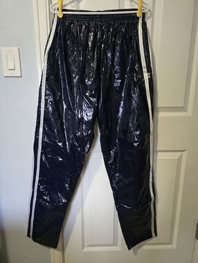 D-MODEWELT Men's PU Nylon Shiny Track Pants, Size 4XL, Navy w/White Side Stripes